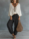 Women Knit Top Linen Pants Two Piece Set Outfit