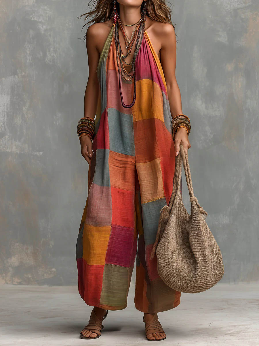 Women's Linen Patchwork Halter Neck Wide Leg Jumpsuit