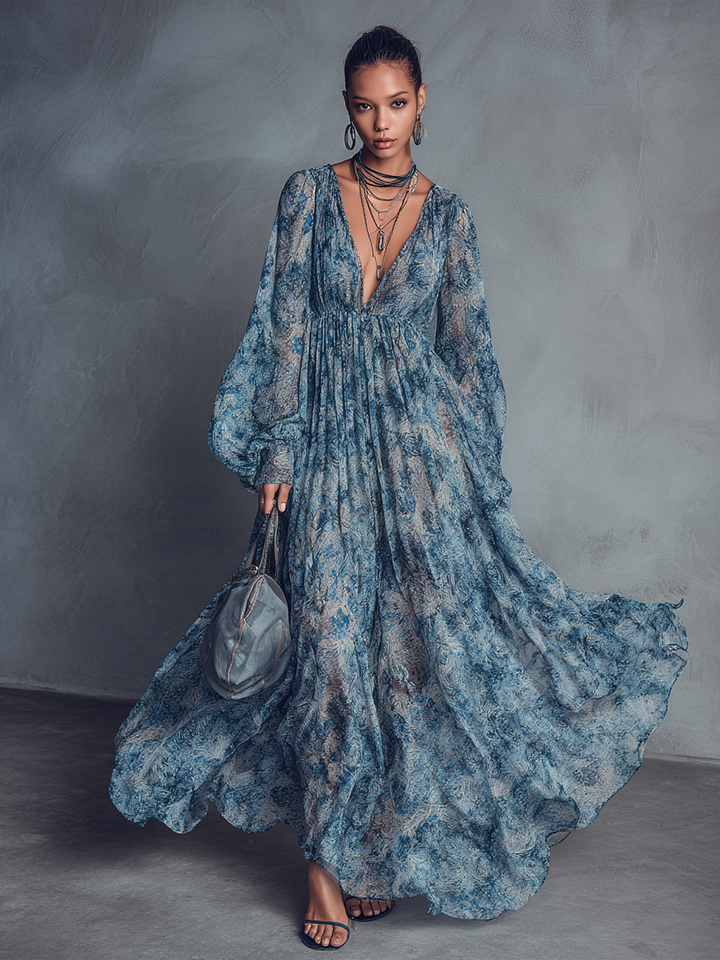 Women's Chiffon Boho Floral V-Neck Long Sleeve Maxi Dress