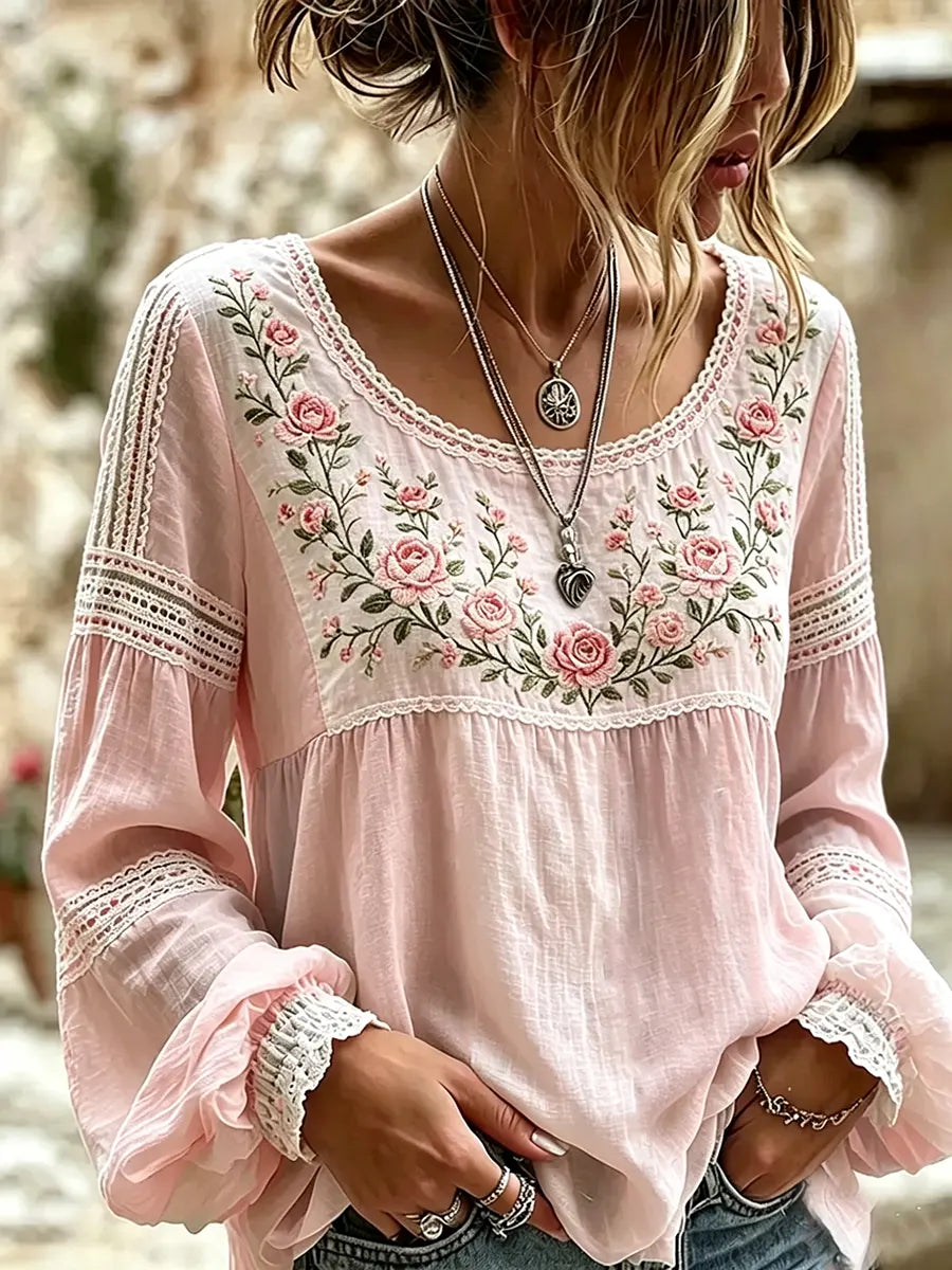 Women's Embroidered Linen Blouse Long Sleeve Casual Top