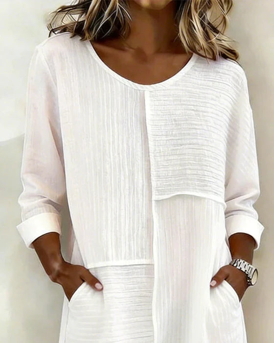 Women’s Linen Round-Neck Long-Sleeve Mini Shift Dress