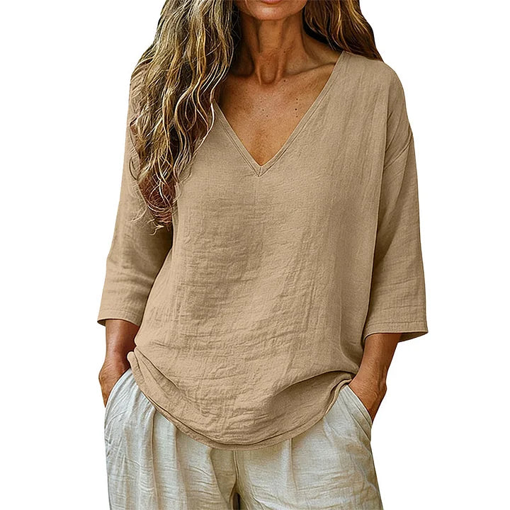 Women's V-Neck Linen Blouse Long Sleeve Top