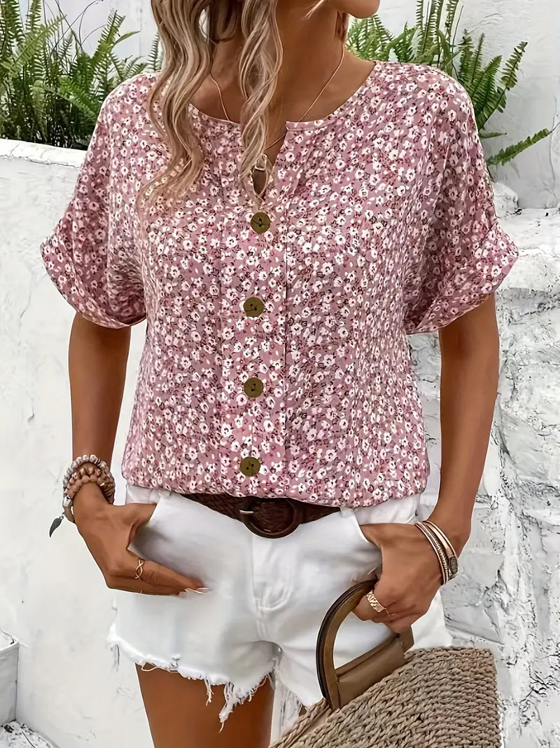 Women's Linen Floral Print V Neck Short Sleeve Button Up Blouse