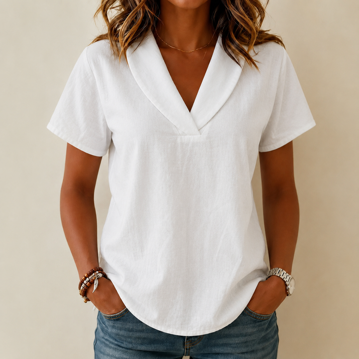 Women's Linen Blouse V Neck Short Sleeve Casual Shirt Tunics Top