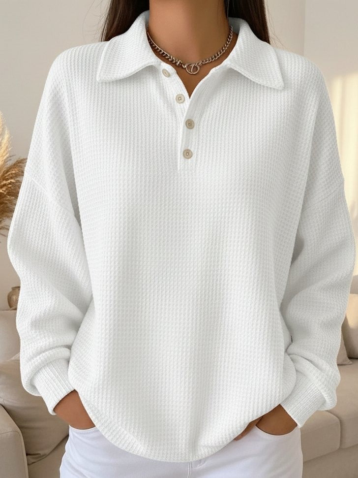 Women Long Sleeve Waffle Knit Polo Shirt