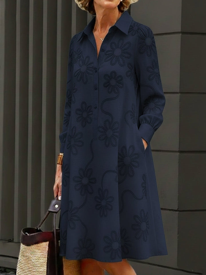 Women's Linen Blend Long Sleeve Embroidered Shirt Dress