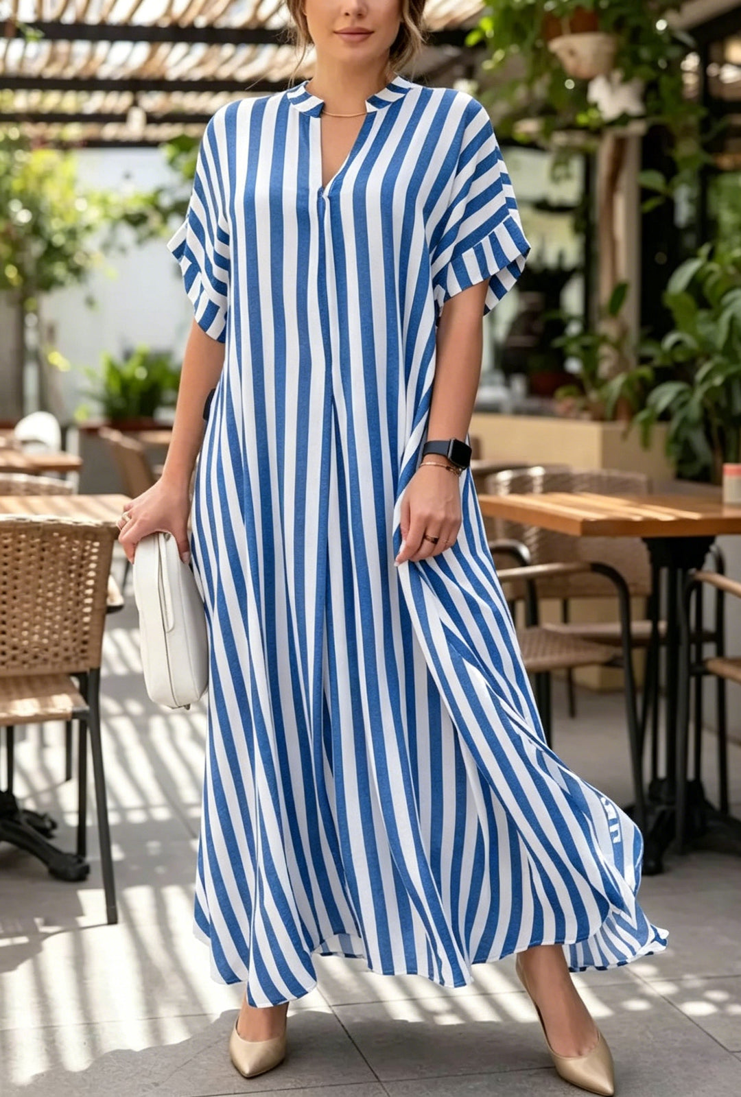 Women's Linen Striped Maxi Kaftan Dress