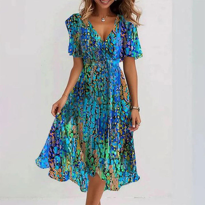 Women's Floral Print Chiffon V-Neck Short Sleeve High-Low Midi Dress