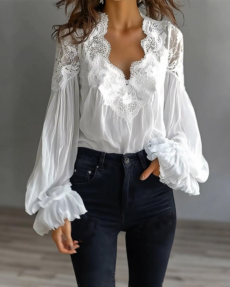 Women's Lace V-Neck Blouse Chiffon Long Sleeve Top