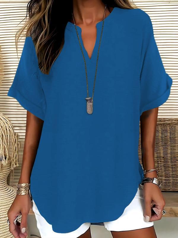 Women Linen Blouse V Neck Short Sleeve Casual Tunic Top