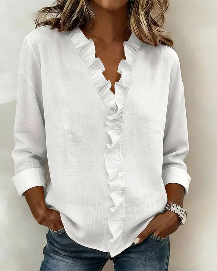 Women's Linen Ruffle V-Neck Long-Sleeve Blouse