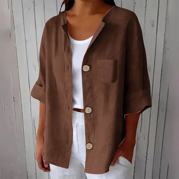 Damska oversize'owa lniana bluzka casualowa z rękawami 3/4, luźna koszula