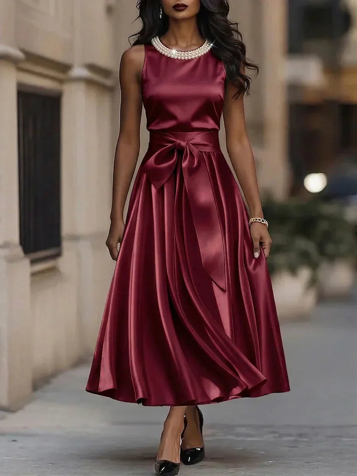 Women’s Satin Pearl-Neck Sleeveless Tie-Waist Midi Dress