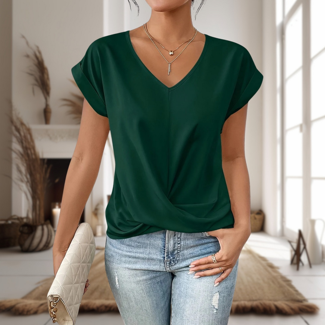 Wool Mix V-Neck Women Short Sleeve Twist Front Blouse