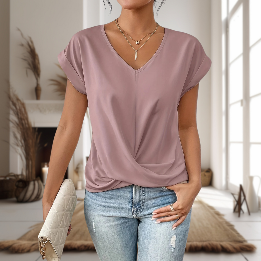 Wool Mix V-Neck Women Short Sleeve Twist Front Blouse