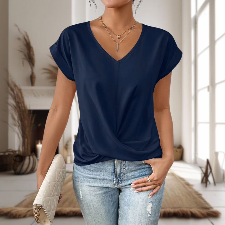Wool Mix V-Neck Women Short Sleeve Twist Front Blouse