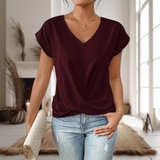 Wool Mix V-Neck Women Short Sleeve Twist Front Blouse