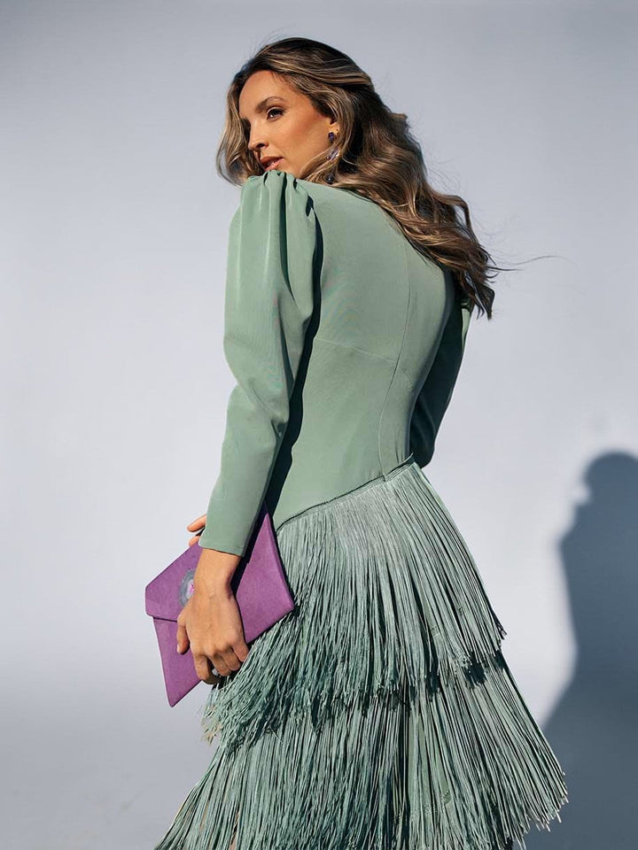 Women's Knit V-Neck Fringe Midi Dress