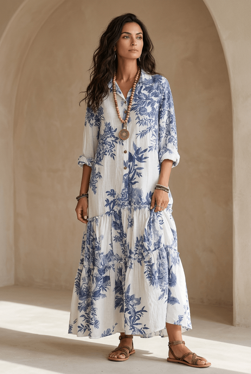 Women's Linen Floral Long Sleeve Shirt Boho Tiered Maxi Dress 