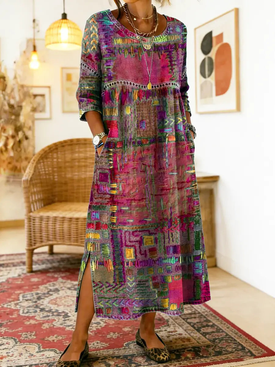 Women's Linen Blend Geometric Print Round Neck Long-Sleeve Midi Dress