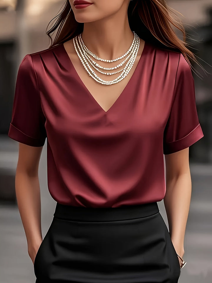 Women's Satin Blouse V Neck Short Sleeve Top Elegant Shirt