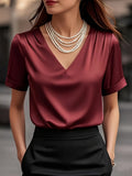 Women's Satin Blouse V Neck Short Sleeve Top Elegant Shirt