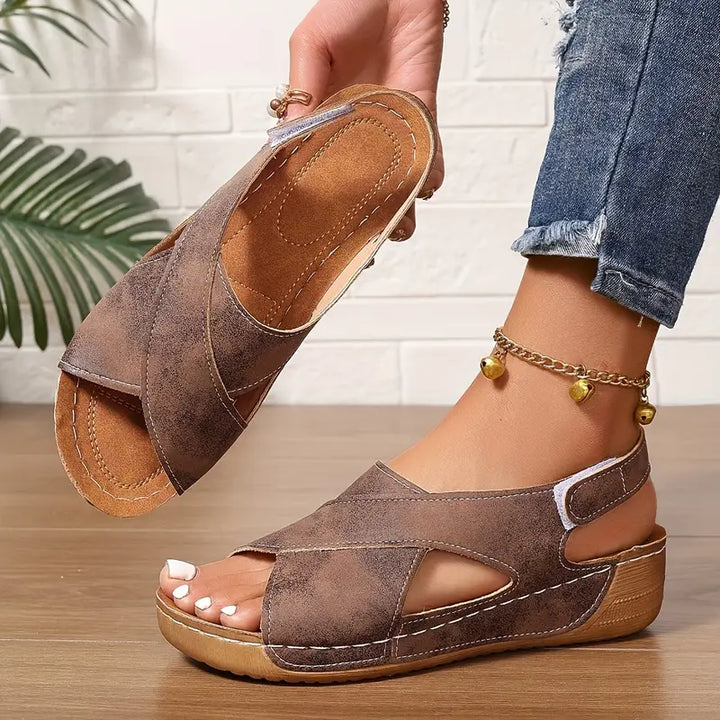 Women’s Leather Orthopedic Cross-Strap Slingback Wedges
