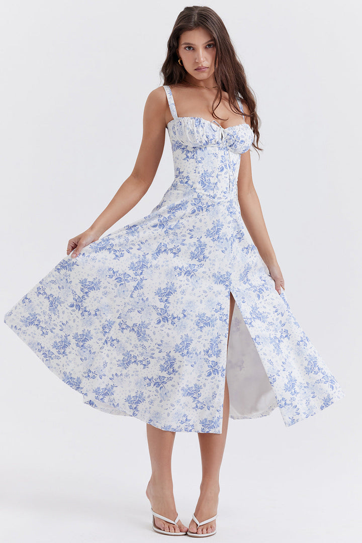 Women's Floral Linen Midi Dress Cocktail Party Dress