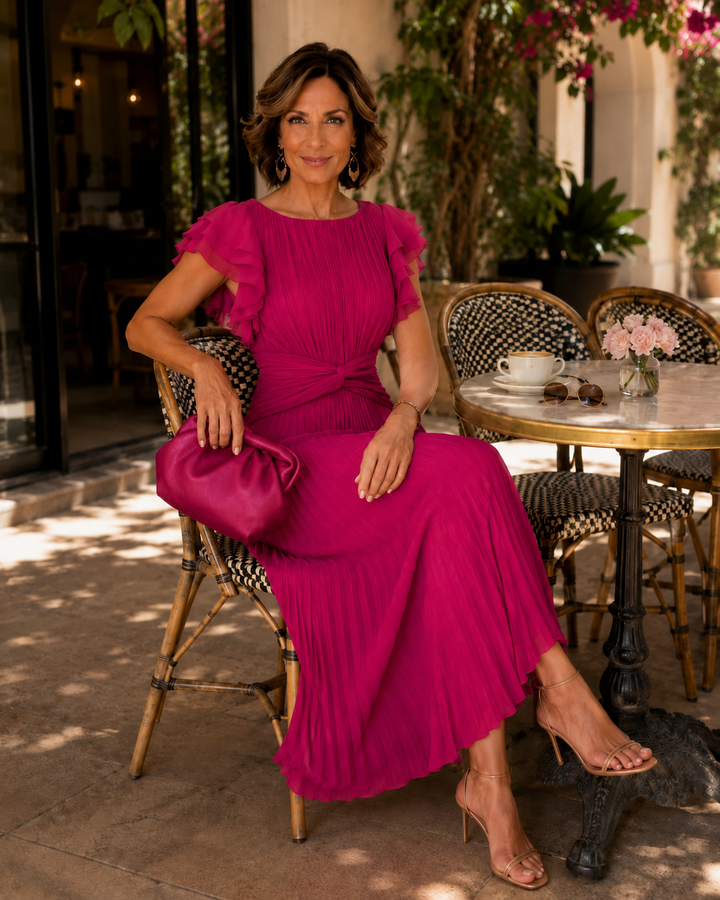 Women's Chiffon Flutter Sleeve Pleated Maxi Dress
