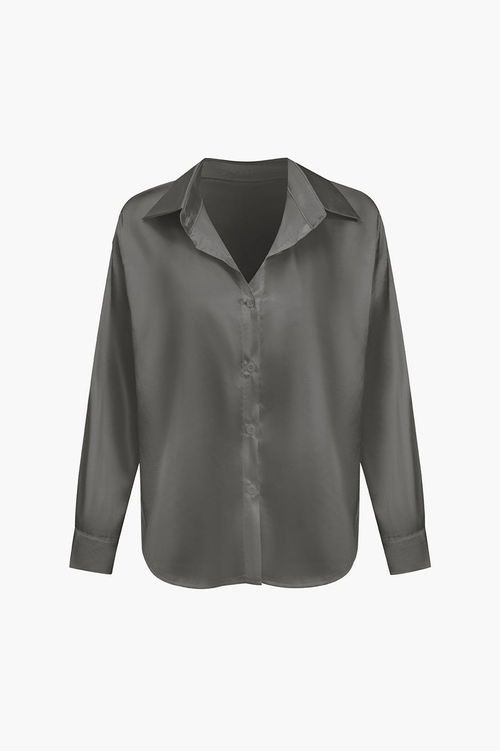 Women's Satin Long-Sleeve Blouse Elegant Silk-Feel Button-Down Shirt