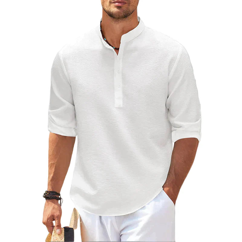 Men's Linen Stand Collar Shirt Relaxed Fit Casual Button Front Top