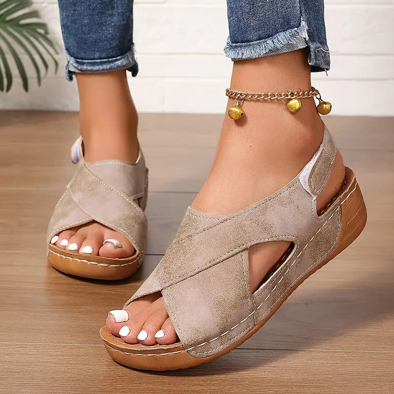 Women’s Leather Orthopedic Cross-Strap Slingback Wedges