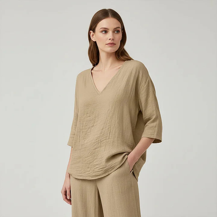Women's V-Neck Linen Blouse Long Sleeve Top