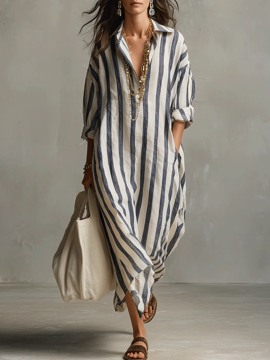 Women's Linen Striped Maxi Shirt Dress Casual Loose Fit Tunic