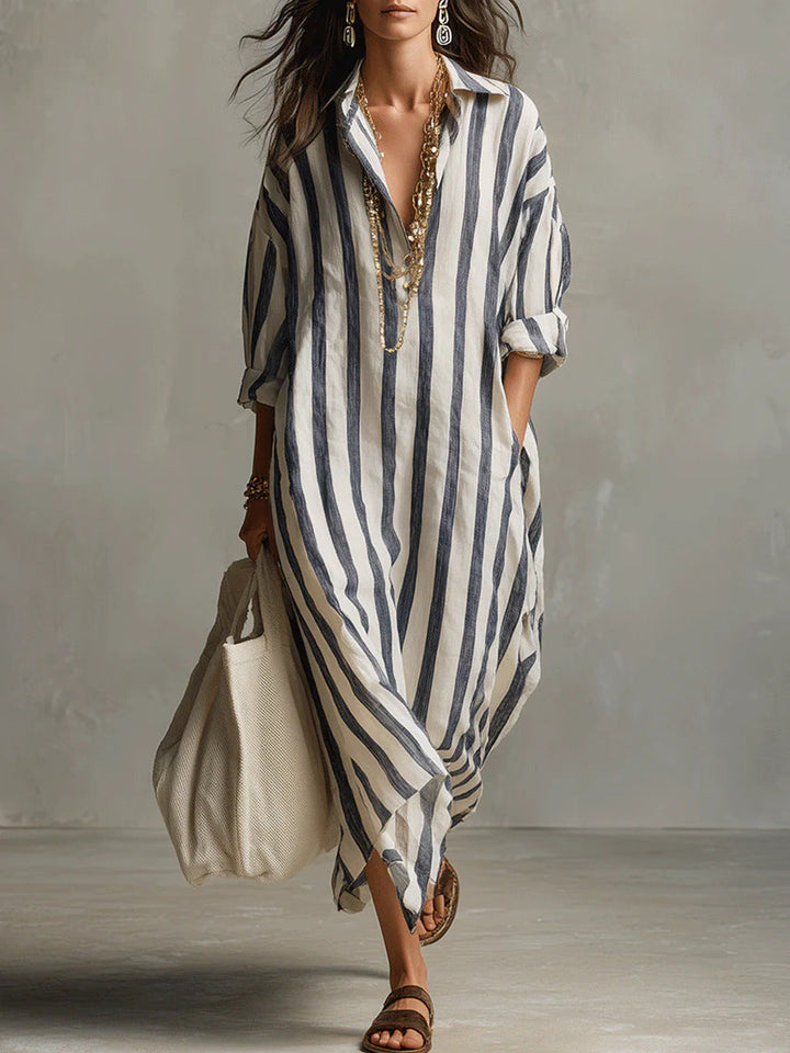 Women's Linen Striped Maxi Shirt Dress Casual Loose Fit Tunic