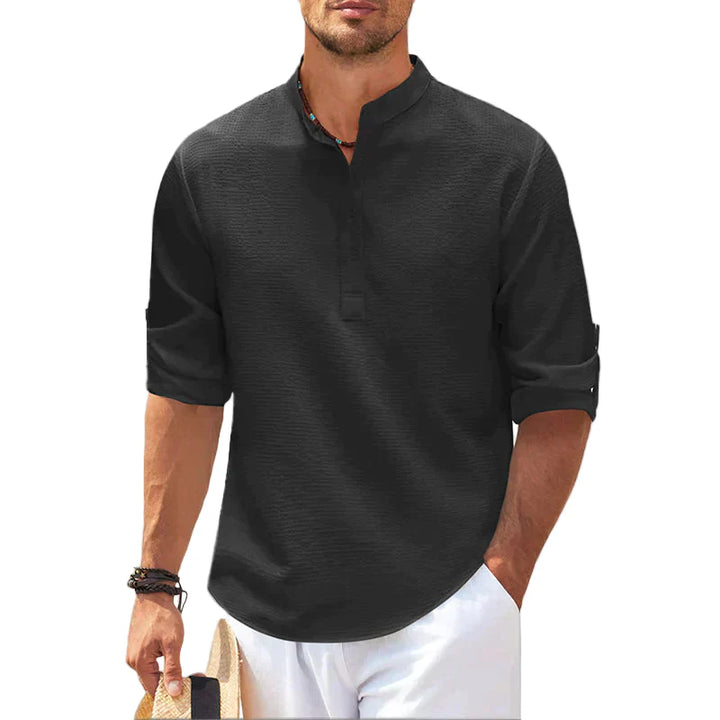 Men's Linen Henley Shirt Long Sleeve Casual Lightweight Pullover Top