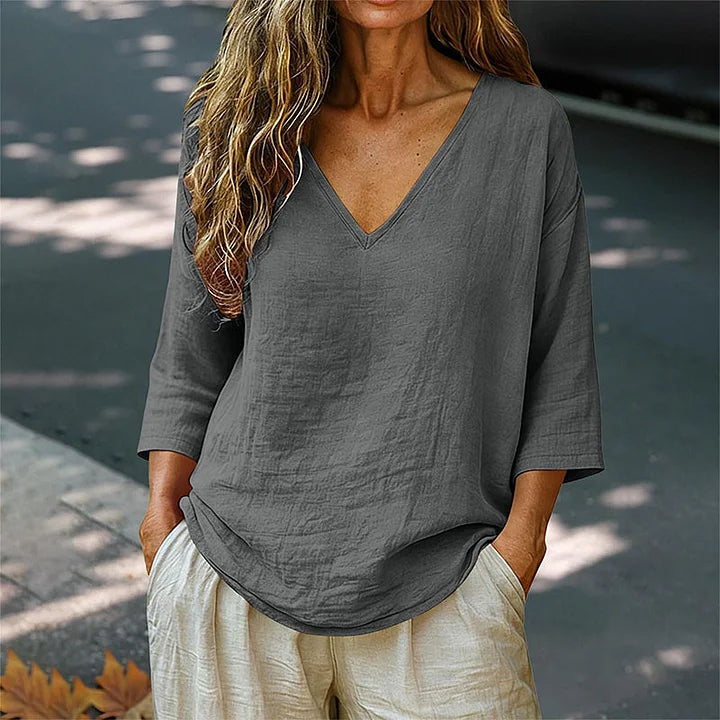 Women's V-Neck Linen Blouse Long Sleeve Top