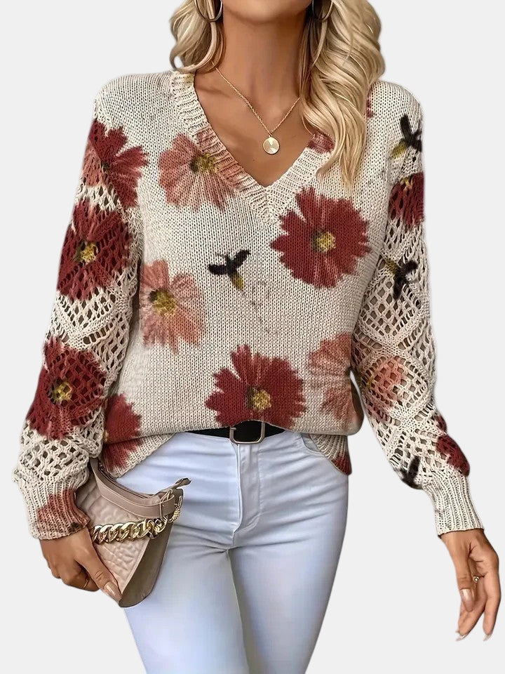 Women's Long Sleeve Knit V-Neck Floral Sweater Jumper