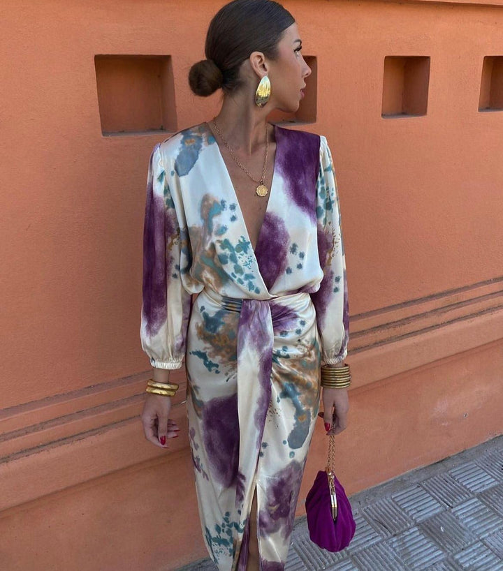 Women's Wrap Satin Long Sleeve V Neck Tie Dye Midi Dress
