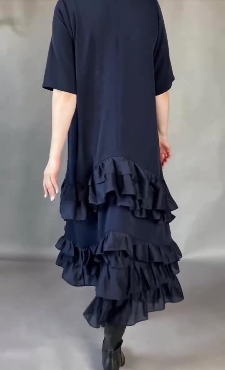 Women’s Linen Round-Neck Tiered Short-Sleeve Maxi Dress