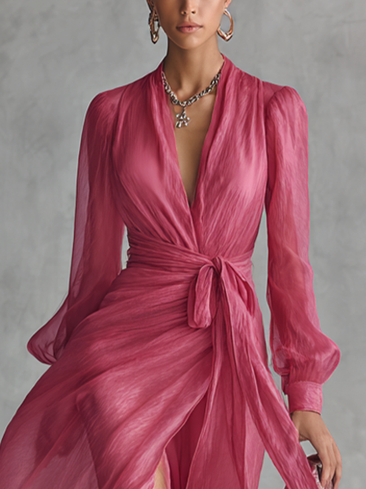 Women's Silk Wrap Maxi Dress With Slit High Volume Evening Gown
