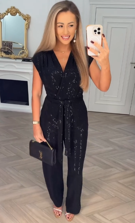 Women's V-Neck Satin Tie Jumpsuit