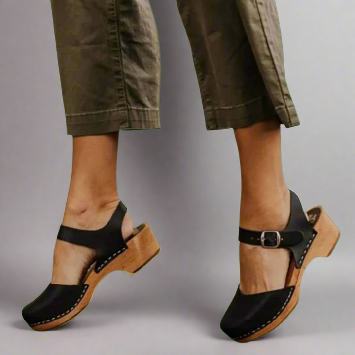 Women's Wooden-Sole Buckle-Strap Leather Platform Sandals