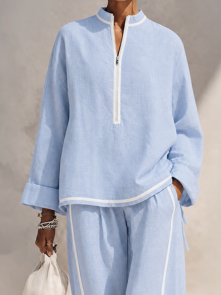 Women Linen Two Piece Set Long Sleeve Top and Wide Leg Trousers