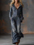 Women’s Denim Jumpsuit Long Sleeve Hooded Jean Boiler Suit Long Romper