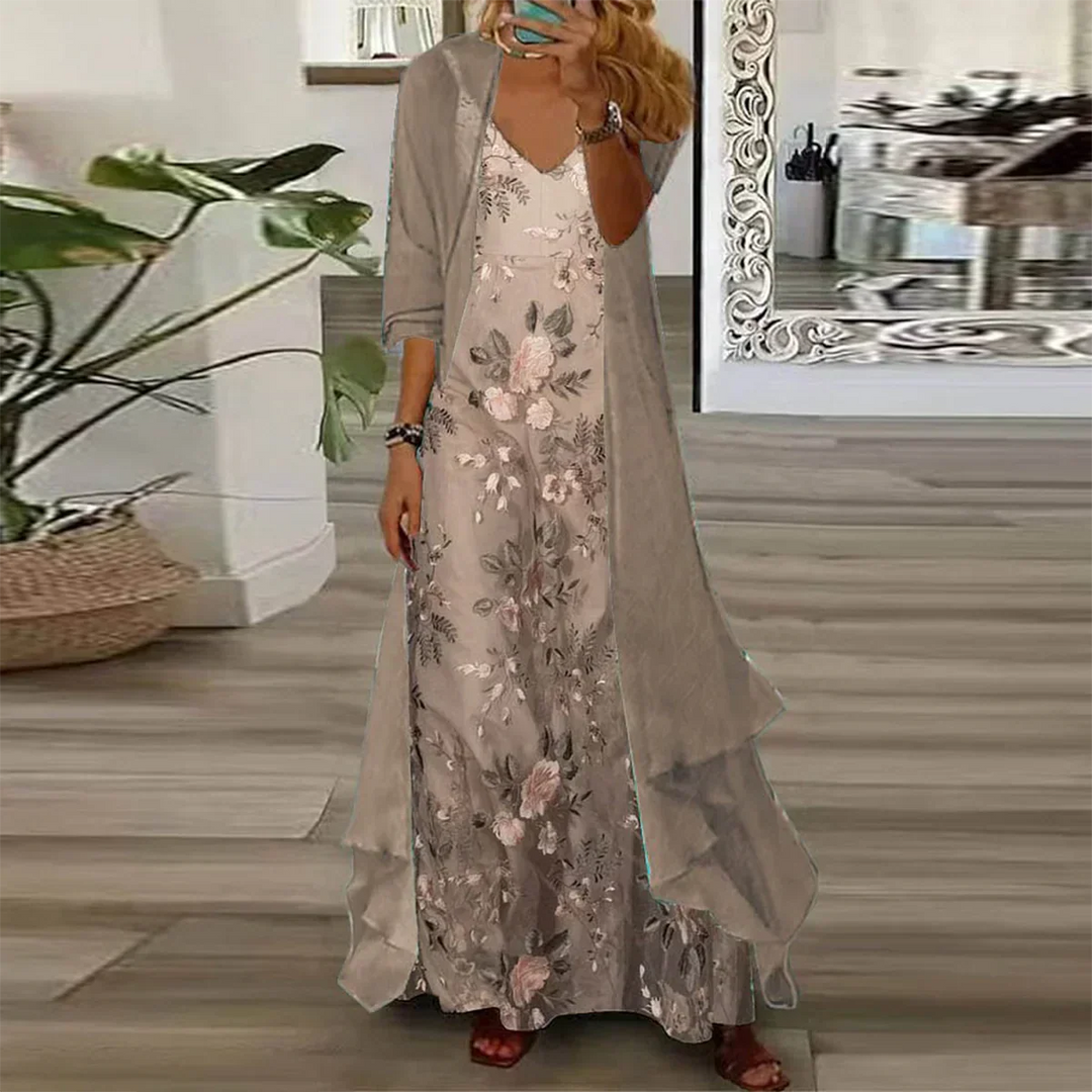Women's Chiffon Floral Print Maxi Dress and Jacket Set