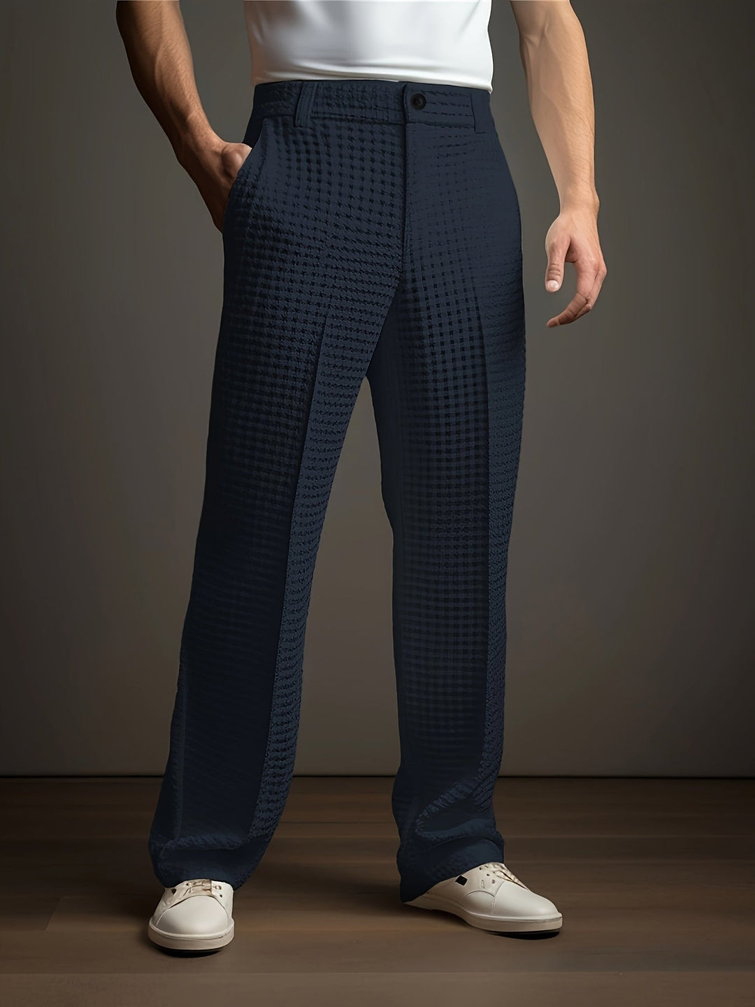 Pantalon habillé plissé pour homme, en maille gaufrée et coupe ajustée