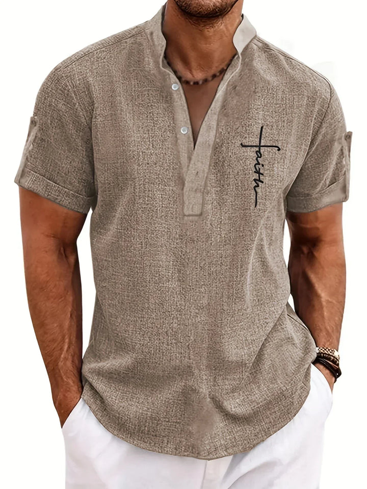Men Henley Linen Shirt Casual Short Sleeve Cross Graphic Tee