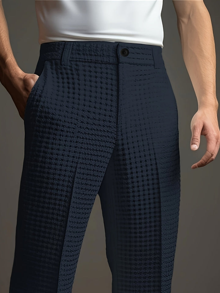 Pantalon habillé plissé pour homme, en maille gaufrée et coupe ajustée