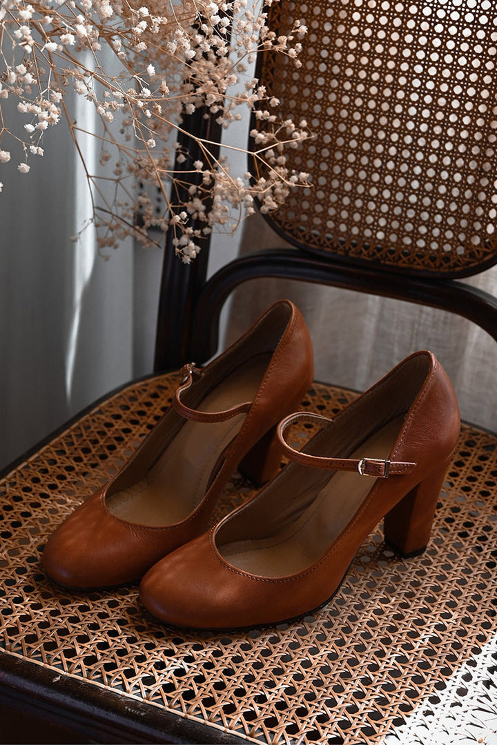 Women's Block Heel Leather Mary Jane Pumps